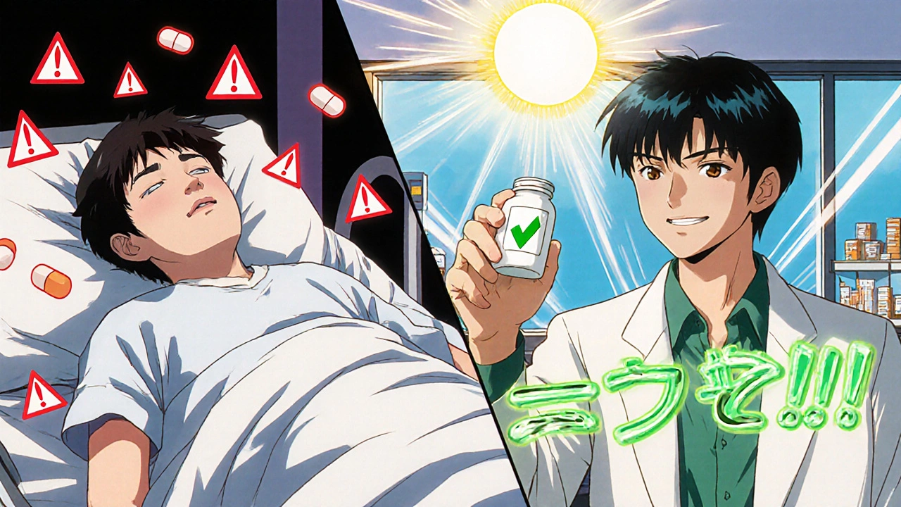 薬の副作用で倒れる人と、薬剤師と安心して話す人の対比シーン