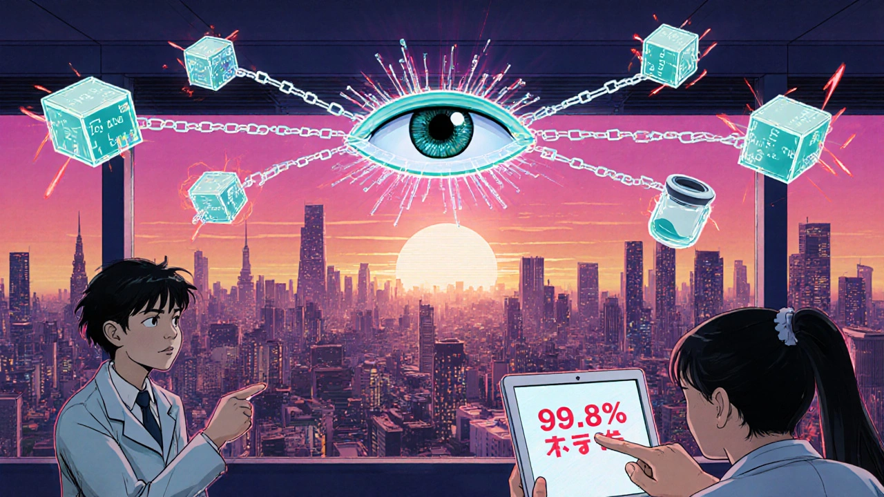 薬の流通をブロックチェーンで追跡するデジタルネットワークのイラスト。