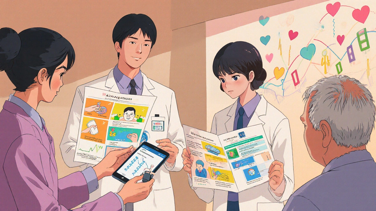 医療スタッフが視覚的な使用ガイドを患者に渡している場面。