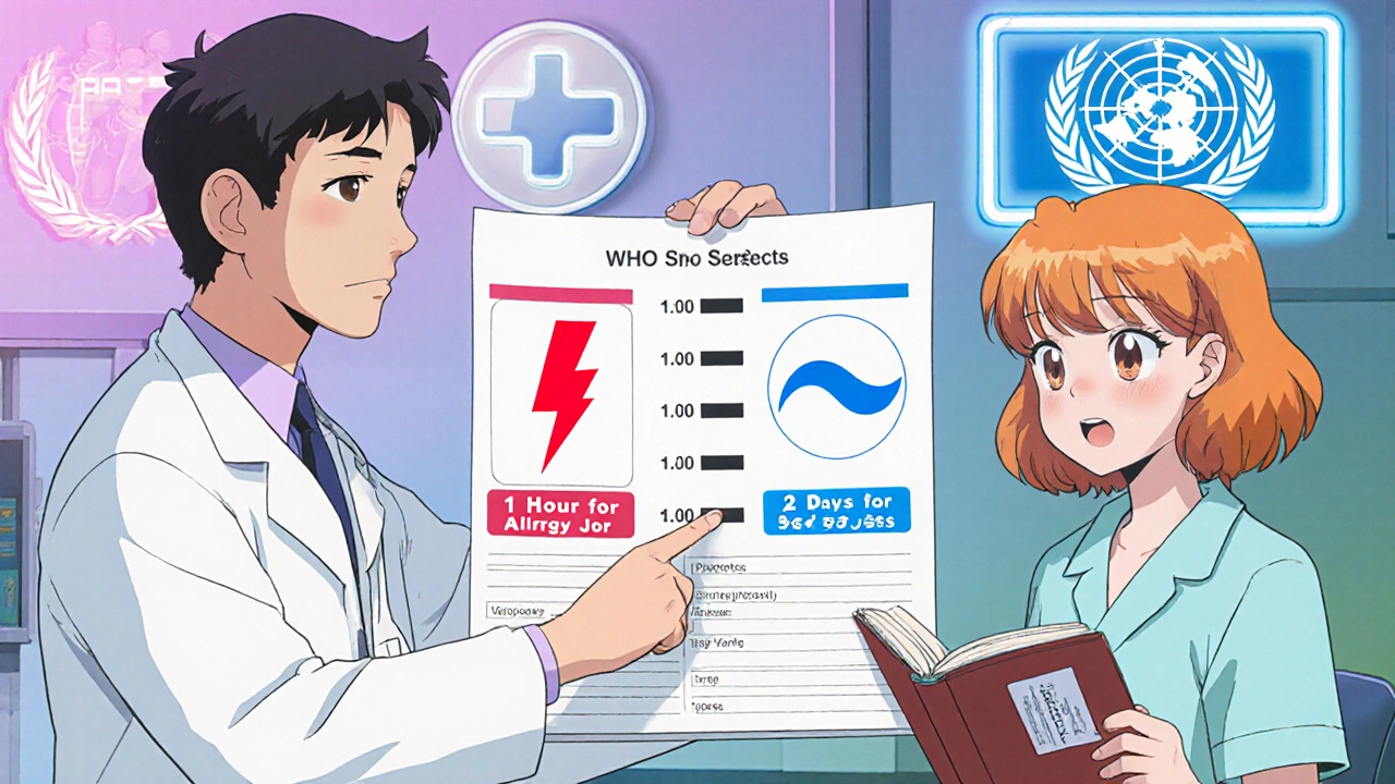 医師がアレルギーと副作用の違いを図で説明する病院の場面
