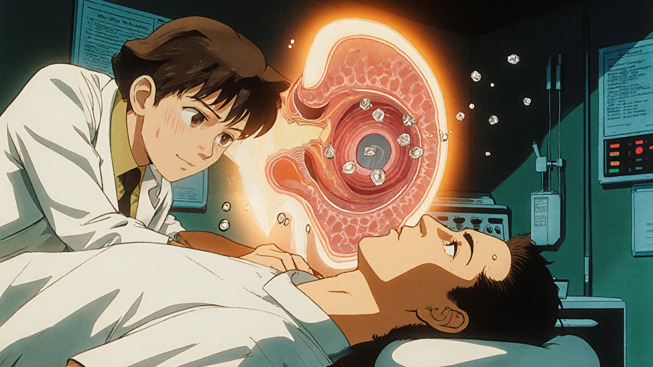 医師がディクス・ハルパイク検査を行い、患者の眼球に異常な動きが現れている場面。