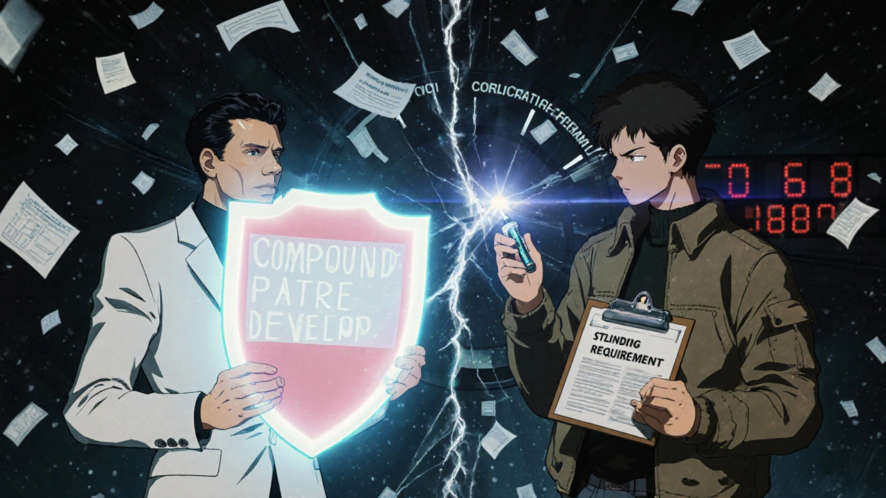 製薬会社とジェネリック開発者との対峙、臨床試験計画と立証資格の壁が描かれる