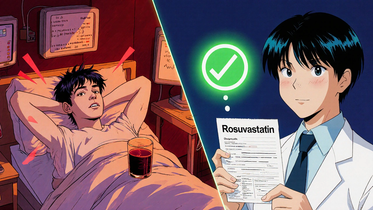 左は筋肉痛と茶色い尿の患者、右は安全な薬に切り替えた患者、医師と笑顔でいる対比シーン。