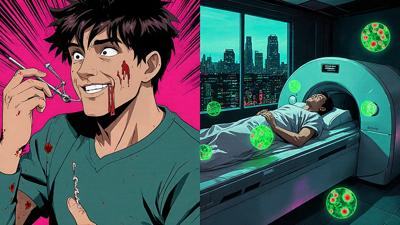 左は生検の痛み、右はMRIとPSMA-PETでがんを可視化する対比シーン。