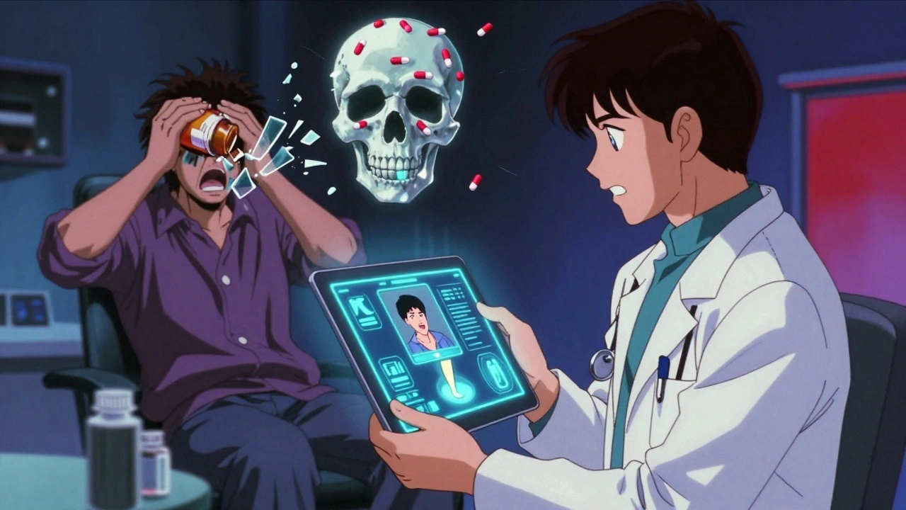 AIが患者の動きを分析する様子と、薬を拒む患者の感情的瞬間を描いた80年代風アニメ。