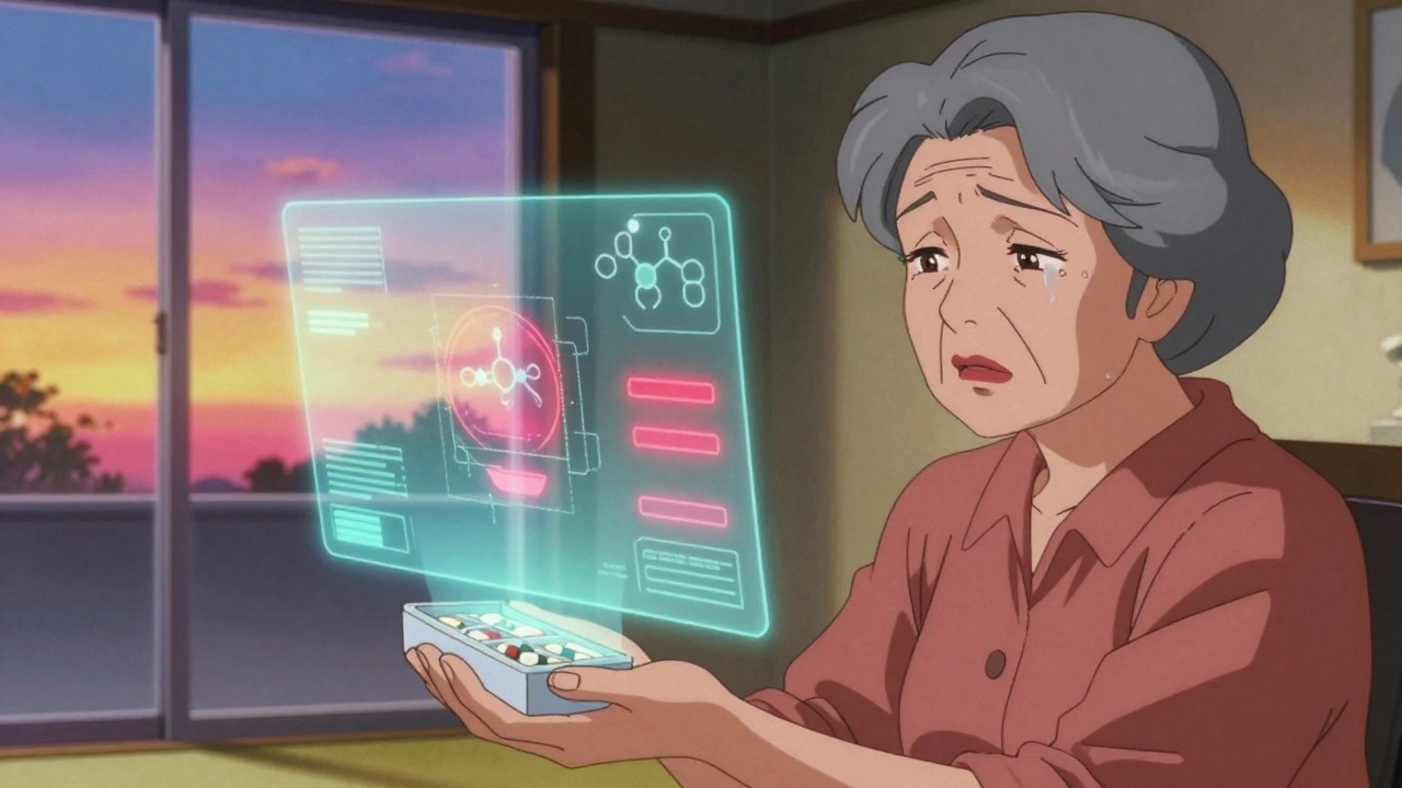 AIが薬の劣化を検知し、患者に警告するホログラフィック画面。