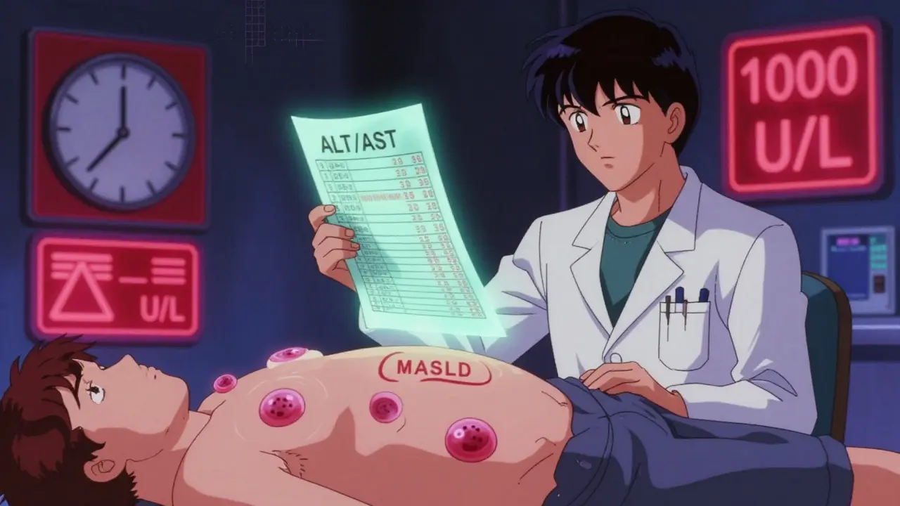 ALT/AST比とMASLDを示す医療チャートのアニメ風シーン