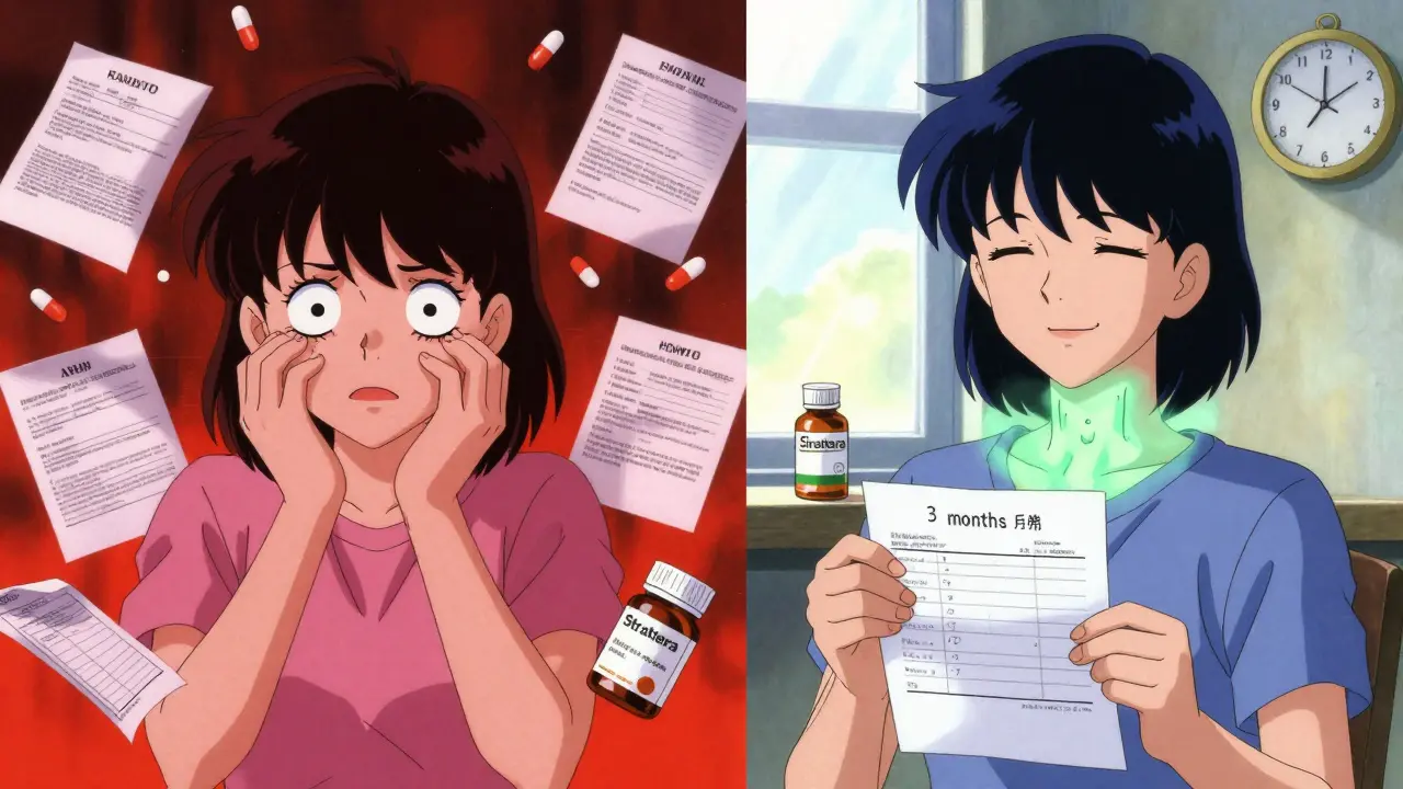 アニメ風のイラスト：ADHD診断と甲状腺治療の対比、左は不安な学生、右は穏やかに光る患者、ストラテラの薬瓶が見える