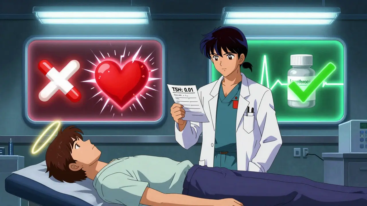 アニメ風のイラスト：医師と患者、甲状腺検査結果を手に、Adderallと治療の二つの道が光で分かれている