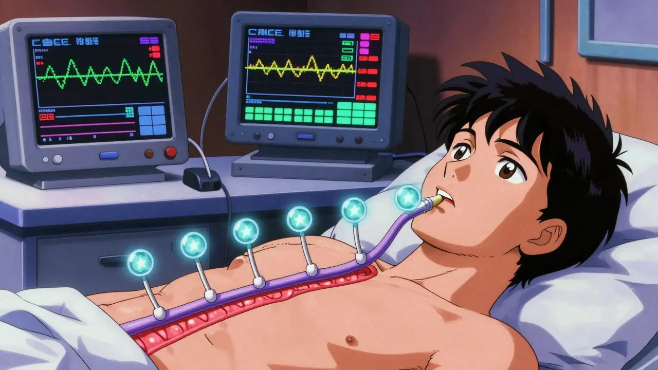 鼻から挿入されたマンメトリー管が食道の圧力を可視化するアニメ風医療シーン