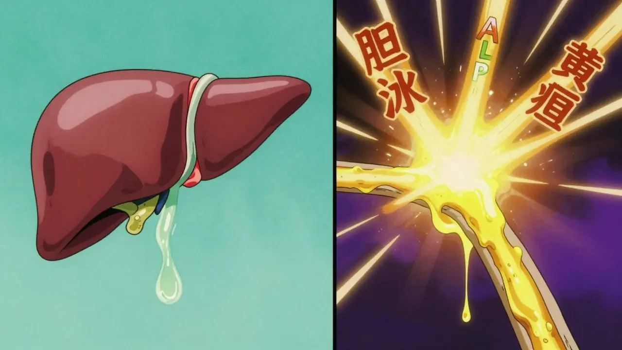 胆汁の流れが詰まった肝臓と黄疸のアニメ風表現