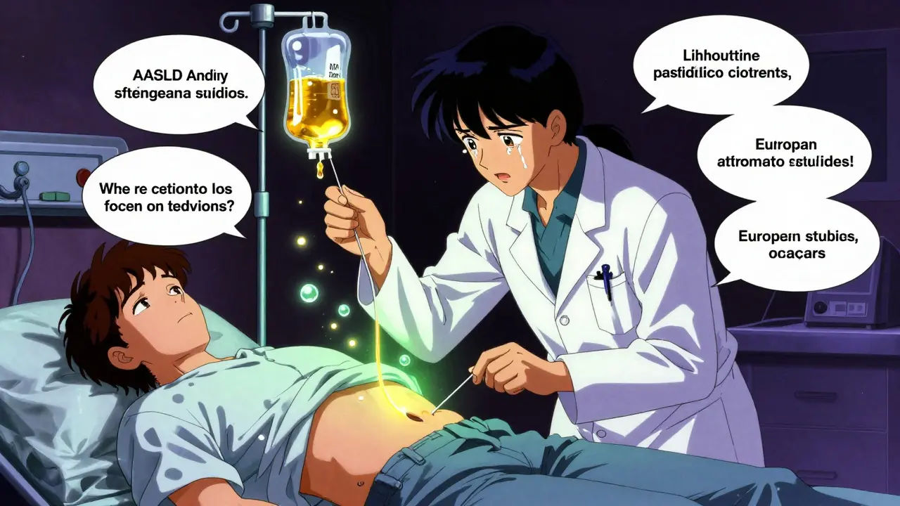 腹水を抜く処置を受けている患者と医師の様子。