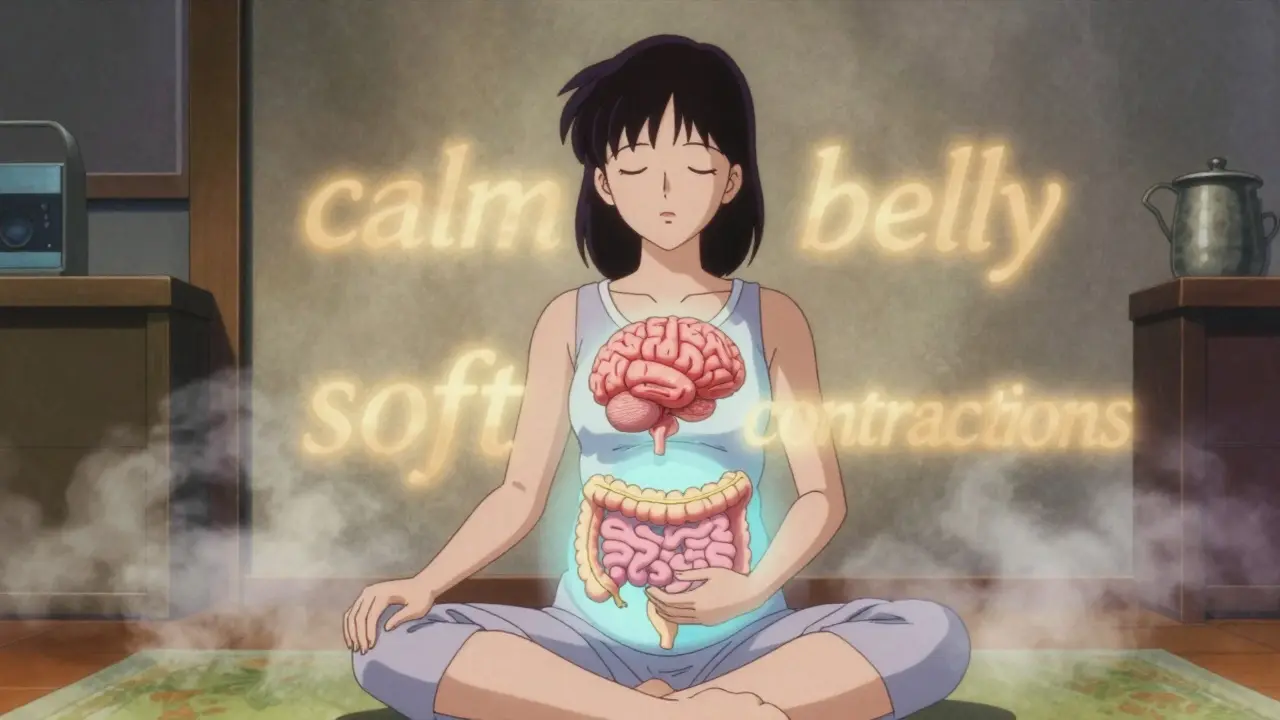 ヒプノセラピー中に腸と脳が光でつながる女性の姿。