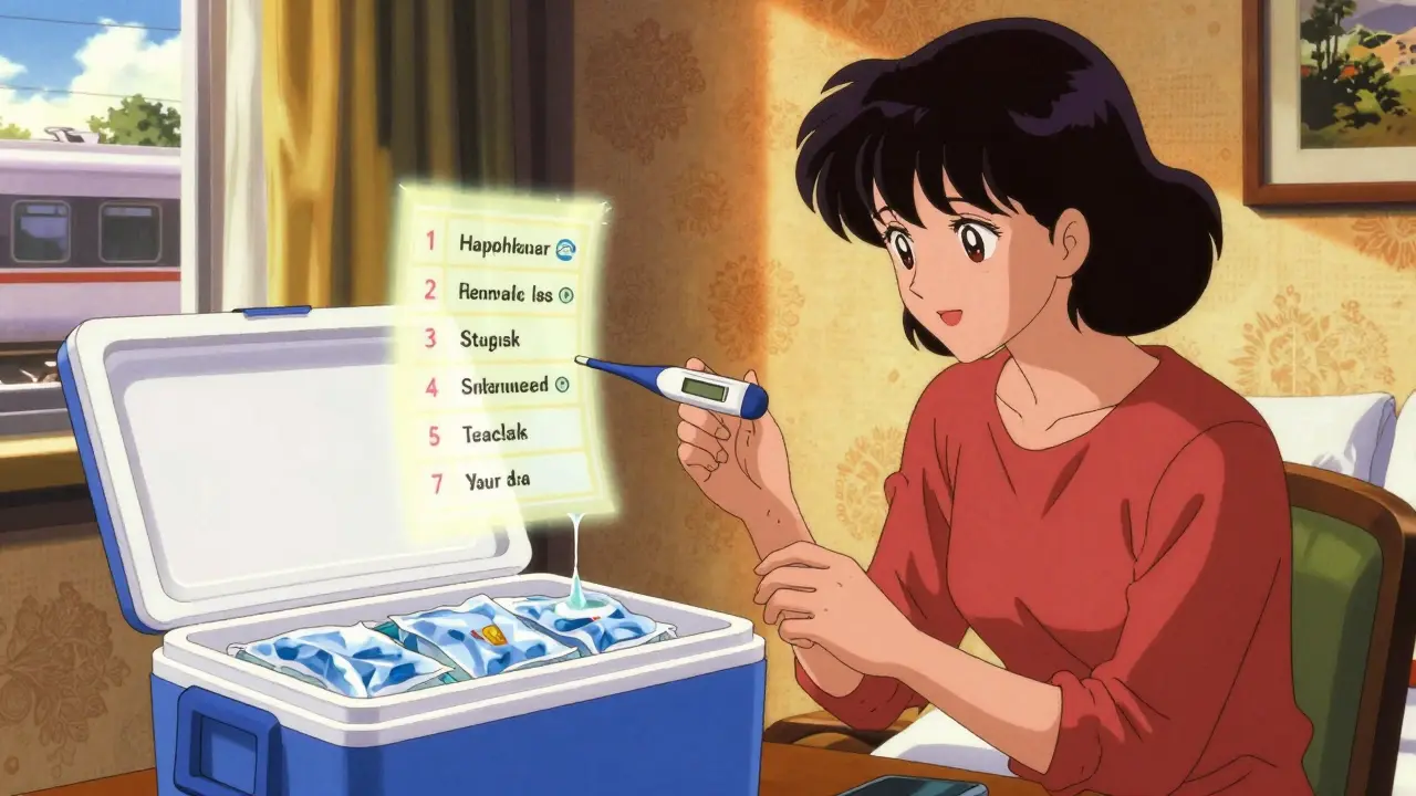 ホテルでゲルパックの状態を確認する母親、7つの準備ステップが浮かぶように描かれている。