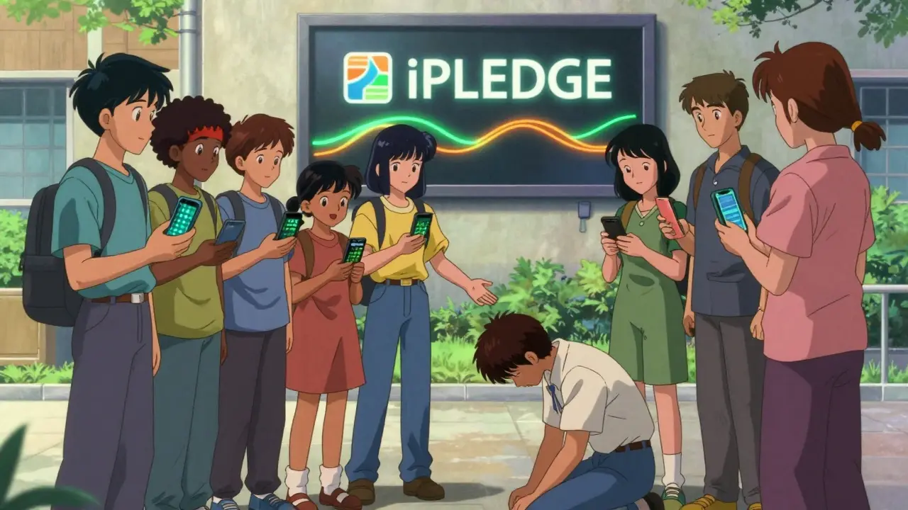 患者たちがクリニックの庭で支え合い、スマートフォンで気分をトラッキングしている。