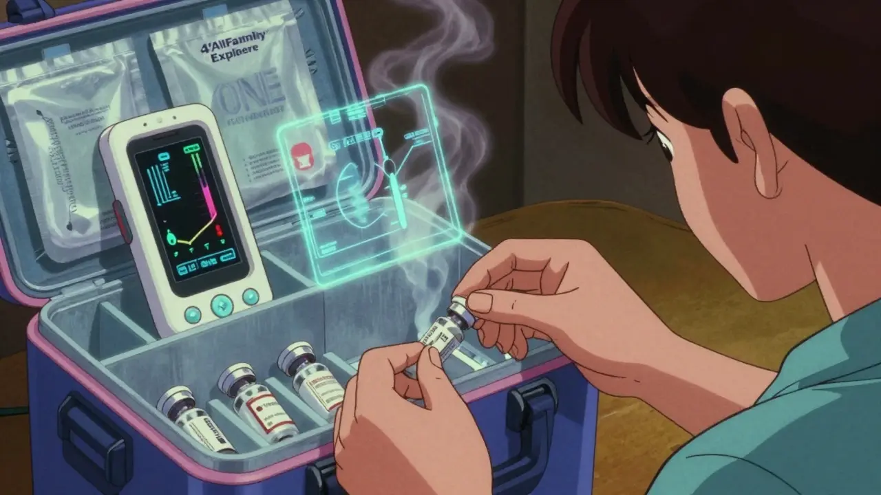 インスリンを専用クーラーに収める様子、スマートデバイスが温度をリアルタイムで表示。