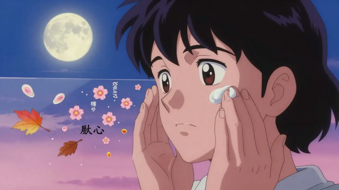 肌細胞が桜のように再生する様子を描いたレチノイド療法のアニメ風イメージ、古い角質が葉のように舞う。