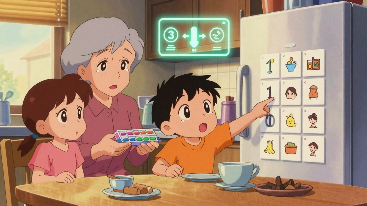 家族が冷蔵庫のチェックリストを見ながら薬の確認をしている光景。