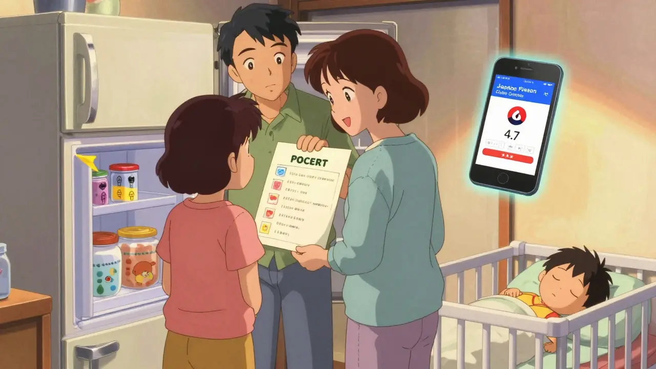 家族が誤飲予防チェックリストを確認し、子どもは安全な場所で眠っている。