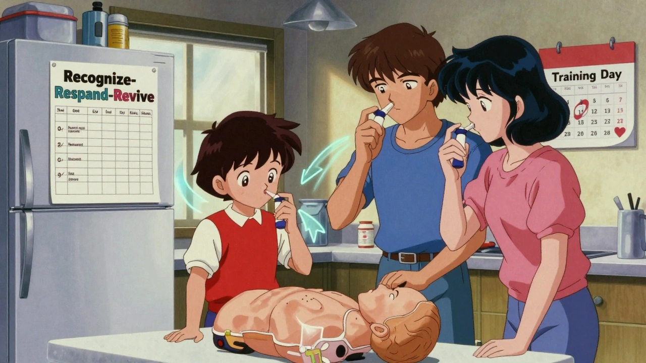 家族がマネキンにナルクソンの訓練練習をしている様子、冷蔵庫には行動手順のチェックリストが貼られている。