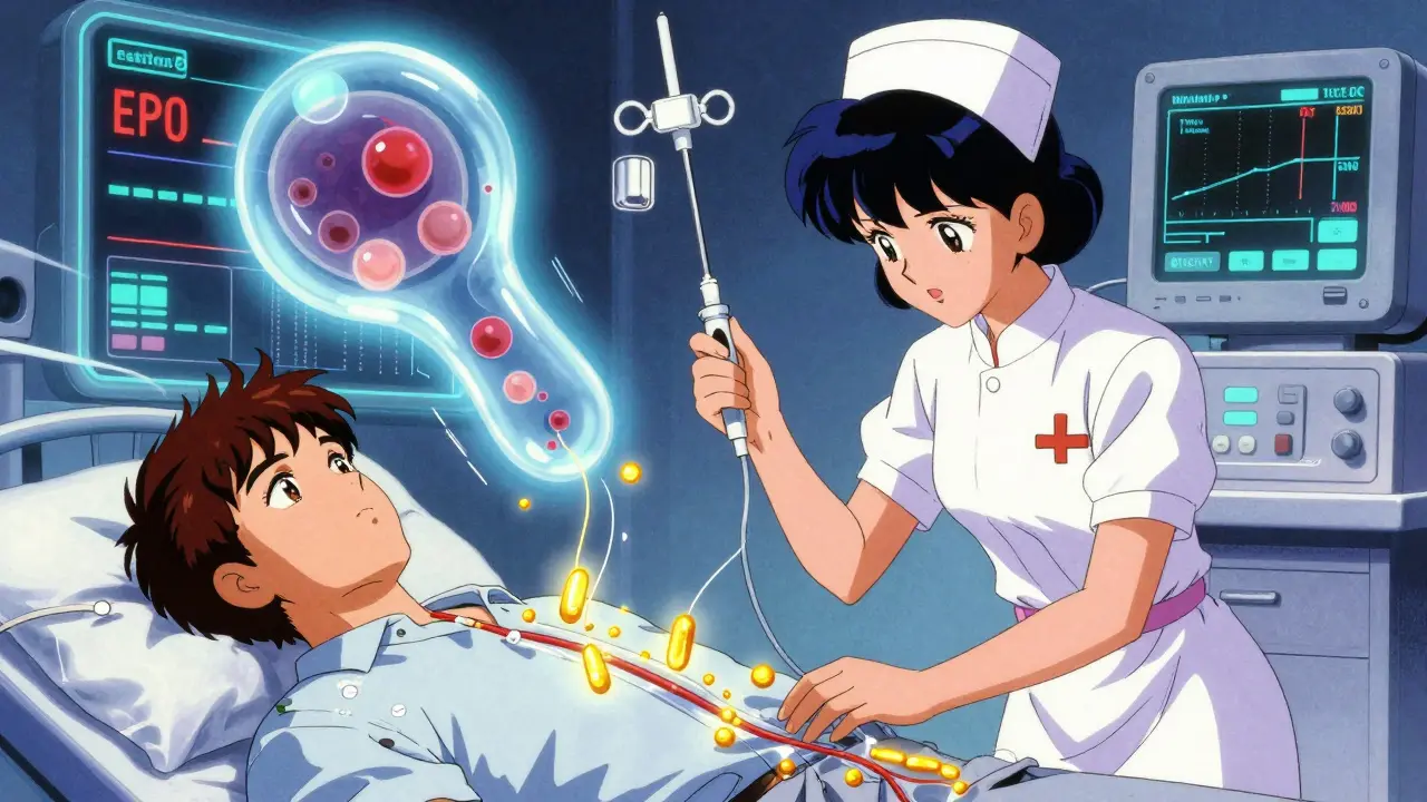 静脈鉄療法の様子。金色の鉄粒子が静脈を流れ、骨髄が赤血球を生成しているアニメ風描写。