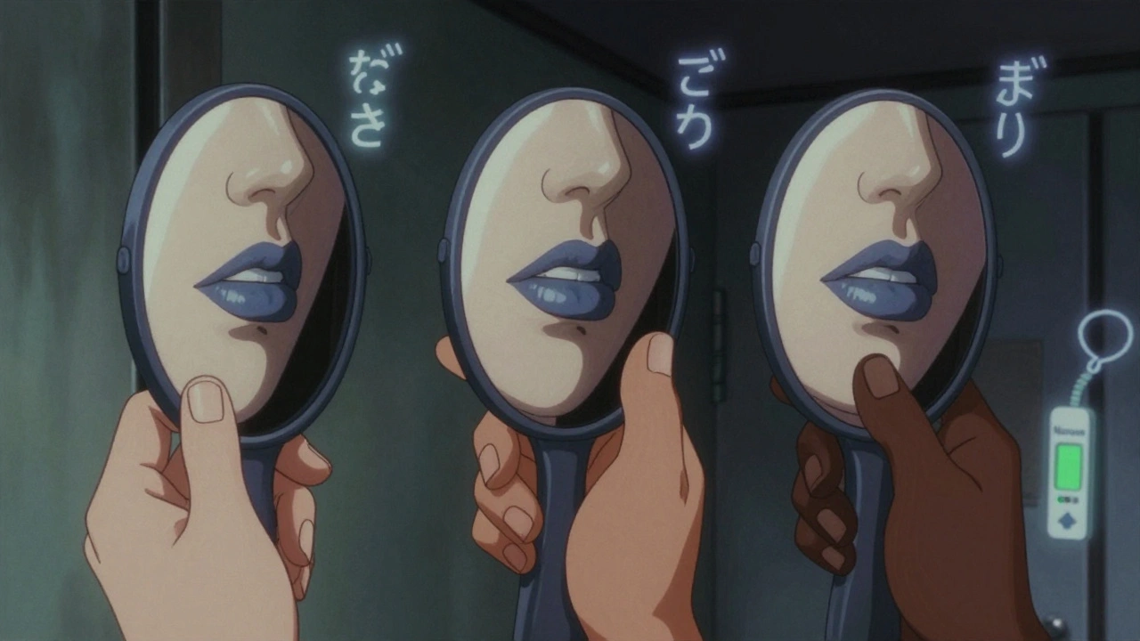 肌の色が異なる三人の手が、同じ人の唇の青紫変化を鏡で確認している様子。