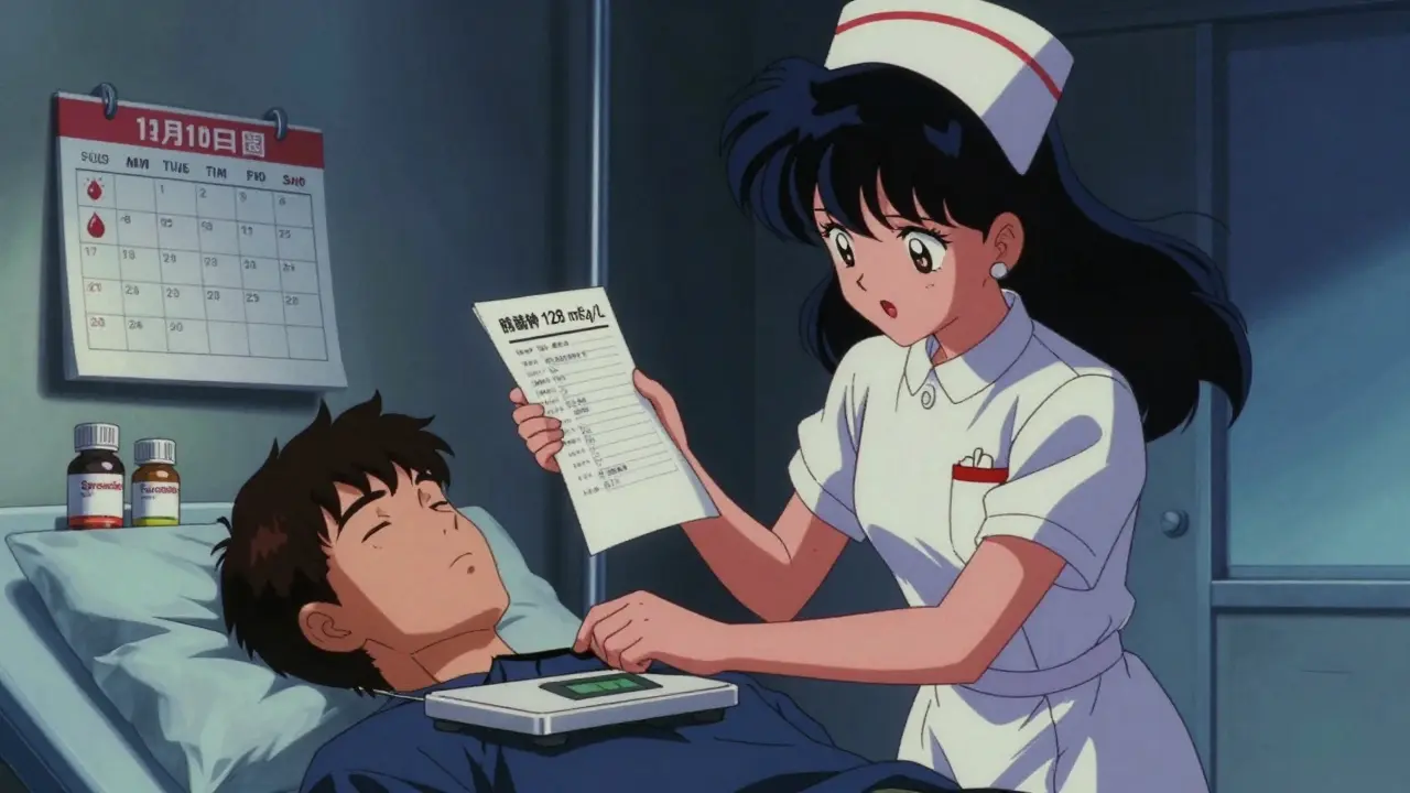 看護師が患者の体重と血液検査結果を確認している。