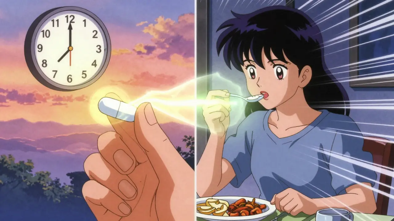 空腹時に薬を飲む患者と、食事後に飲む患者の対比シーン。