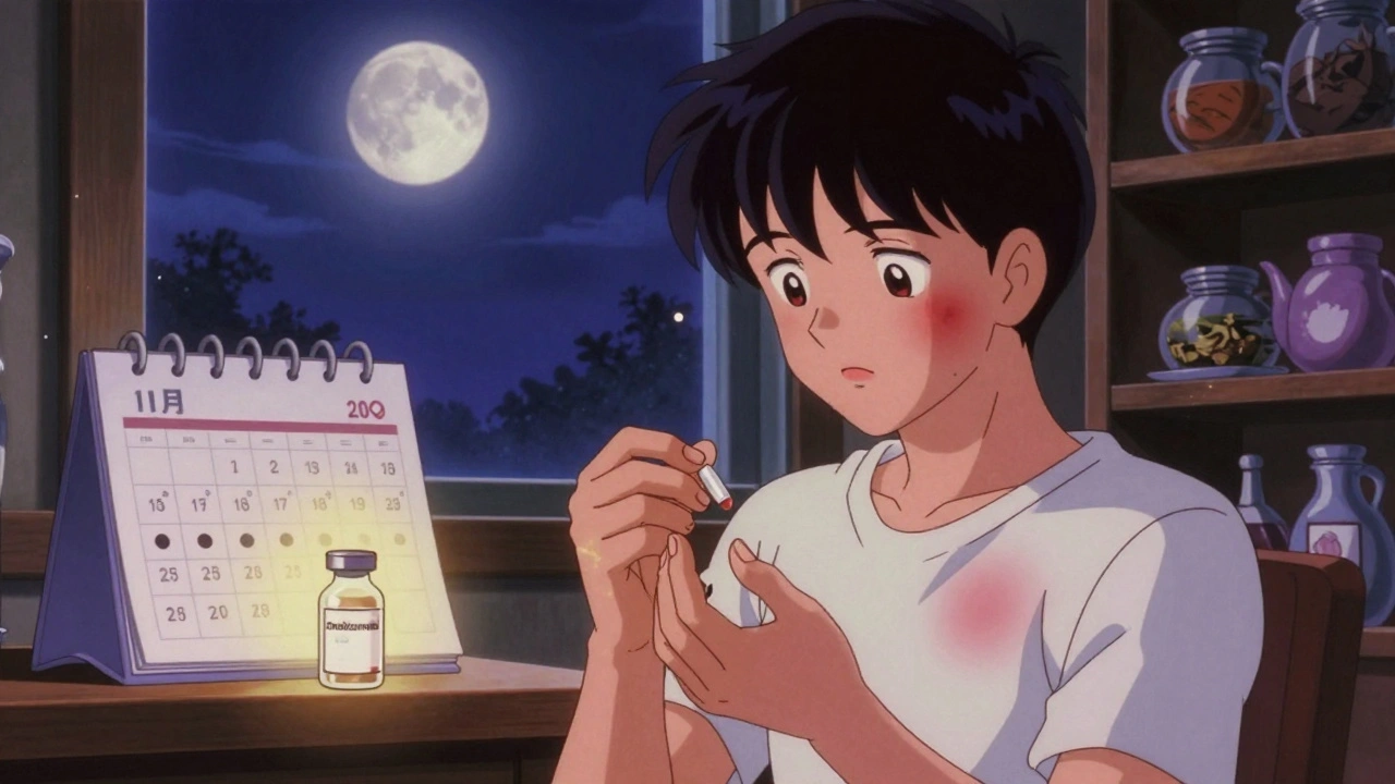 慢性蕁麻疹の患者が月に一度の注射と減薬を静かに続ける夜の風景。