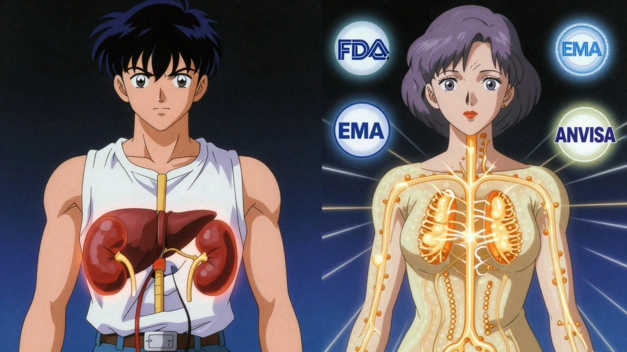 男性と高齢女性の体内薬物代謝の違いを比較するアニメ風デジタル表示。