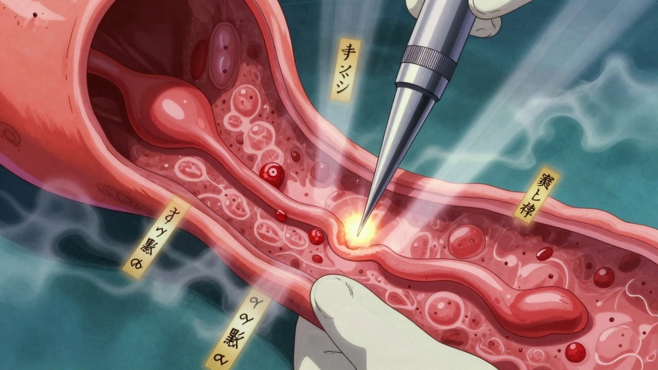 内視鏡で食道の異常組織を生検する医師の視点、ピンク色の変化した粘膜が浮かぶ。