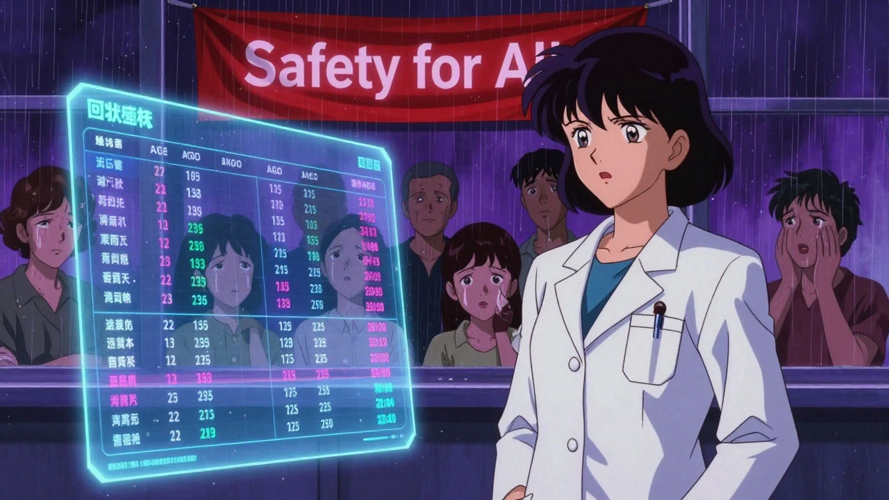 女性研究者が性別と年齢別の薬物データを示すホログラフィックディスプレイを前に立つシーン。