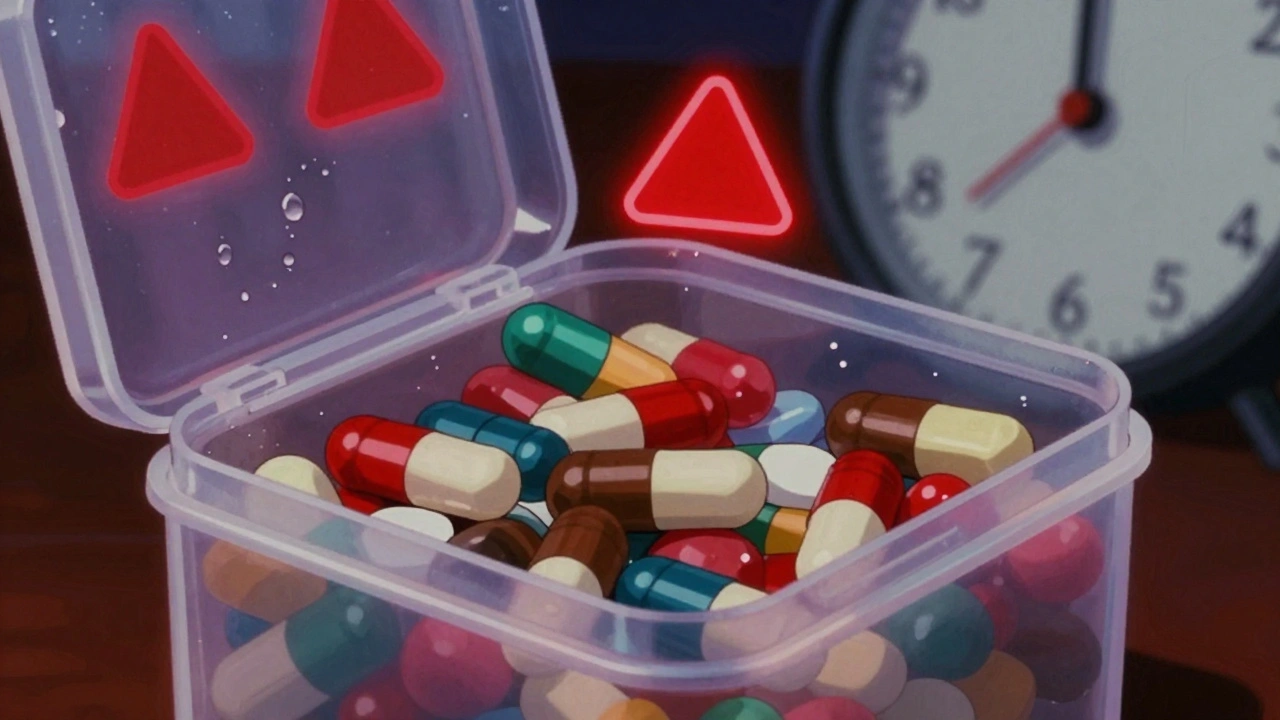 ピルボックスの薬が変色し、かたまりができているクローズアップ。