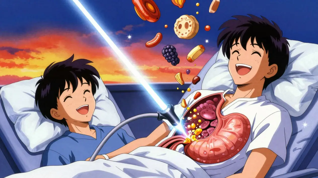 POEM手術後、食道の筋肉が解けて食べ物がスムーズに流れる喜びのアニメ風シーン