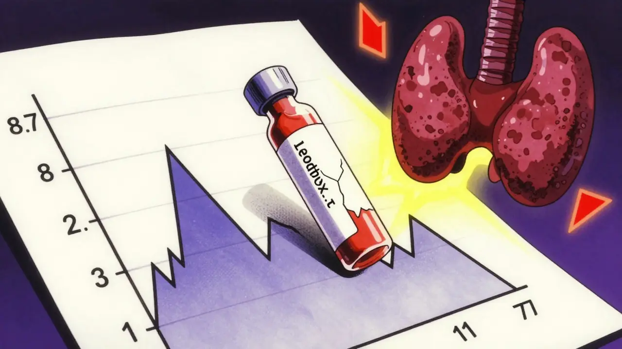 レボチロキシンの血中濃度が急上昇するグラフと、割れた薬瓶が浮かぶアニメ風シーン。