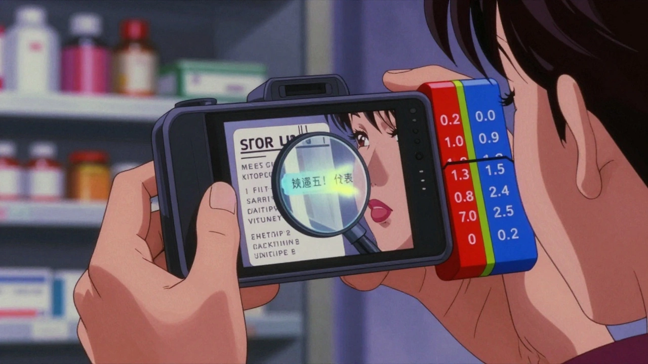 スマートフォンで薬のラベルを拡大して読む女性の手と色分けされた薬瓶。