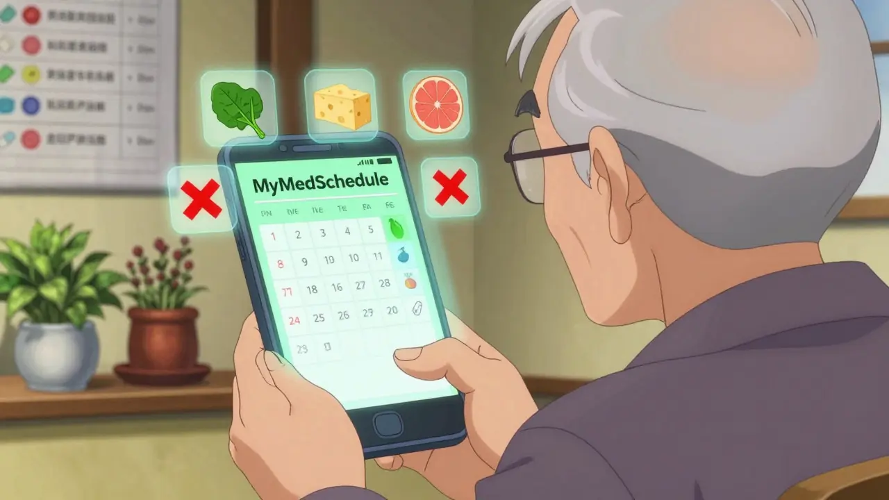 スマートフォンのアプリで薬と食事のスケジュールを確認する高齢者の姿。