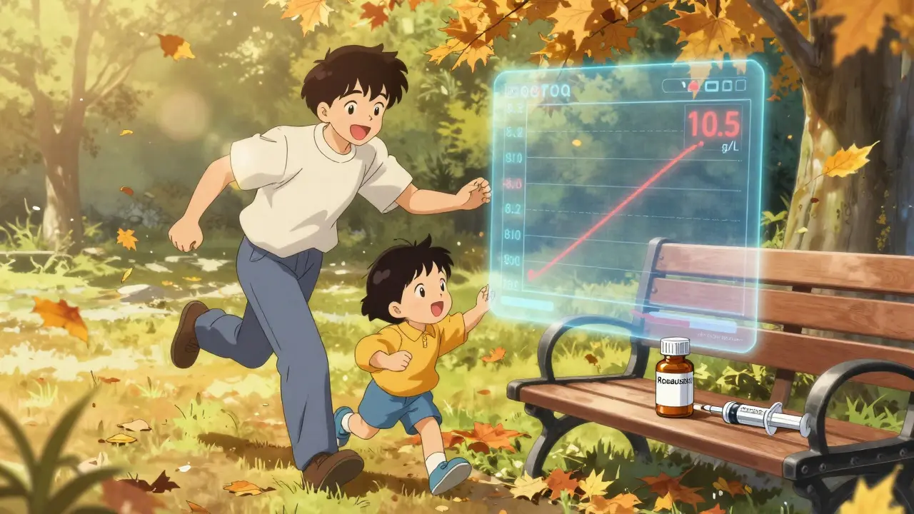 孫と公園で走る患者。ヘモグロビン値の上昇と経口薬が治療の成功を象徴している。