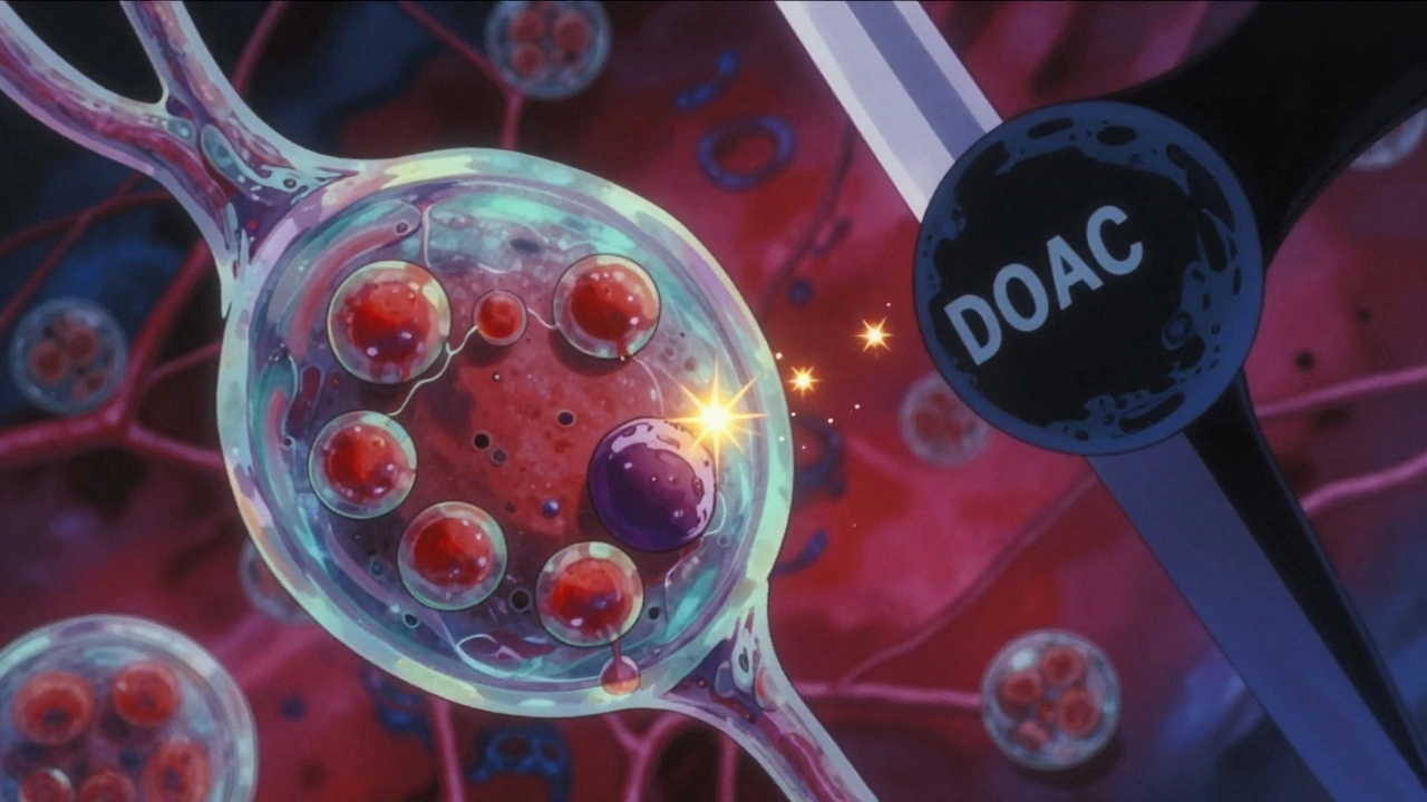 血小板からセロトニンが吸い取られ、抗凝固薬が影のように迫る生物的シーン