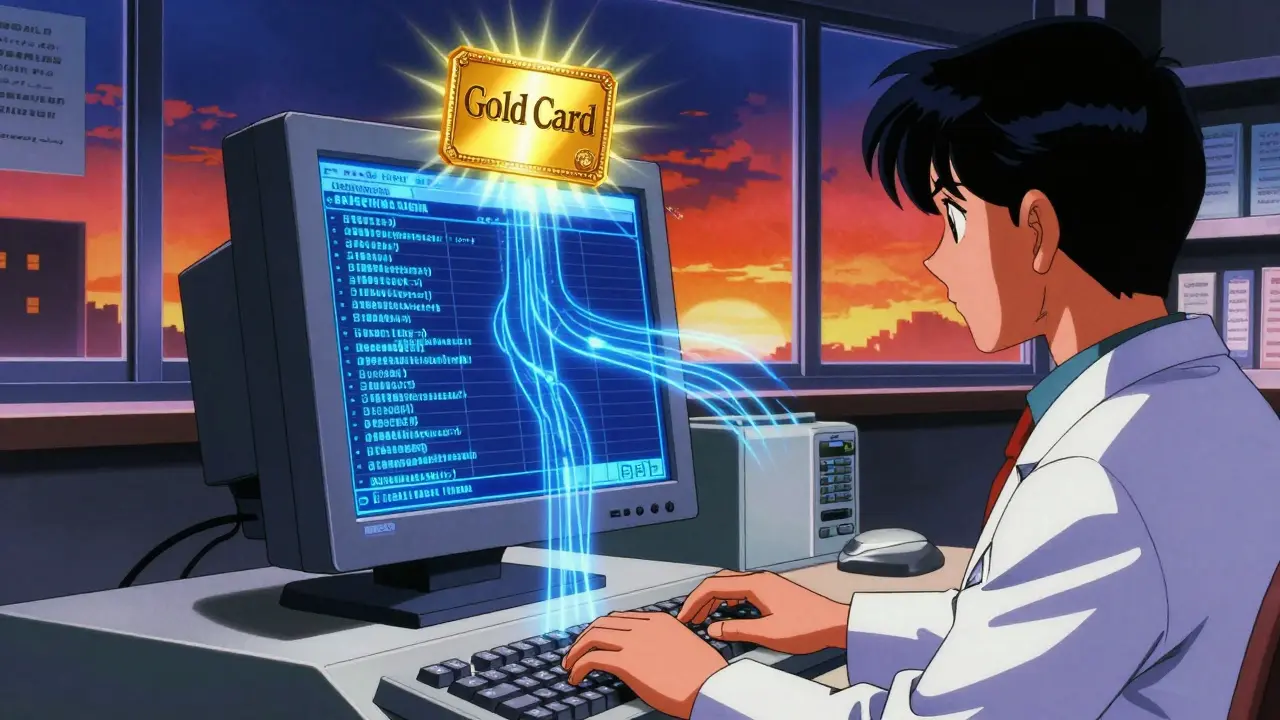 薬剤師が電子前承認システムを操作し、ゴールドカードが画面に浮かぶ