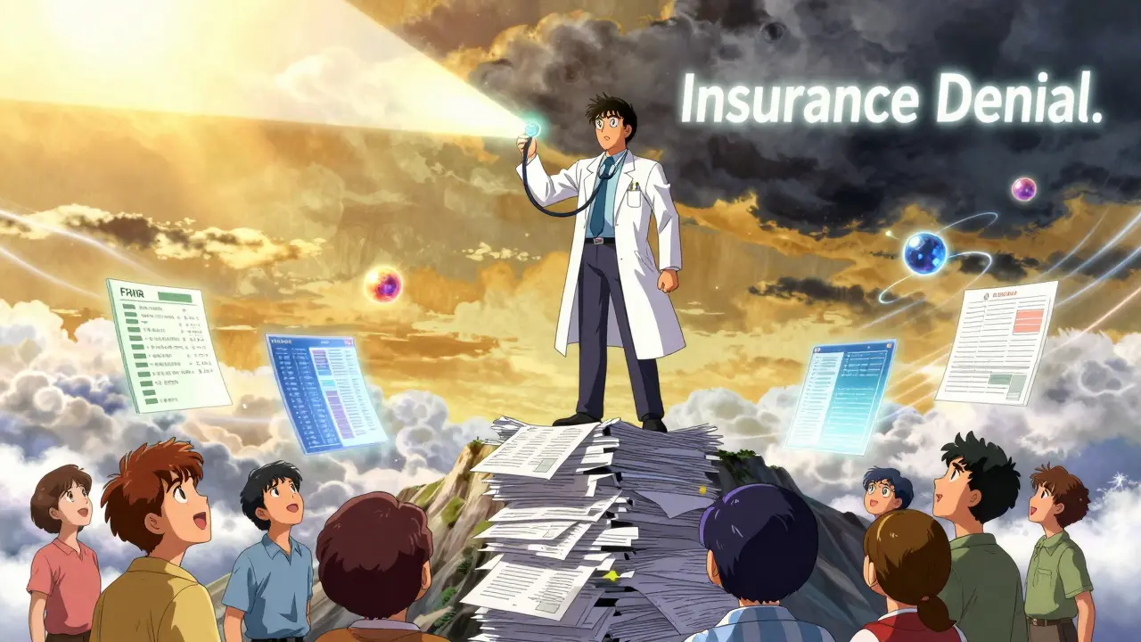 薬剤師が医療書類の山の上に立ち、AIとFHIRの光が患者を照らす