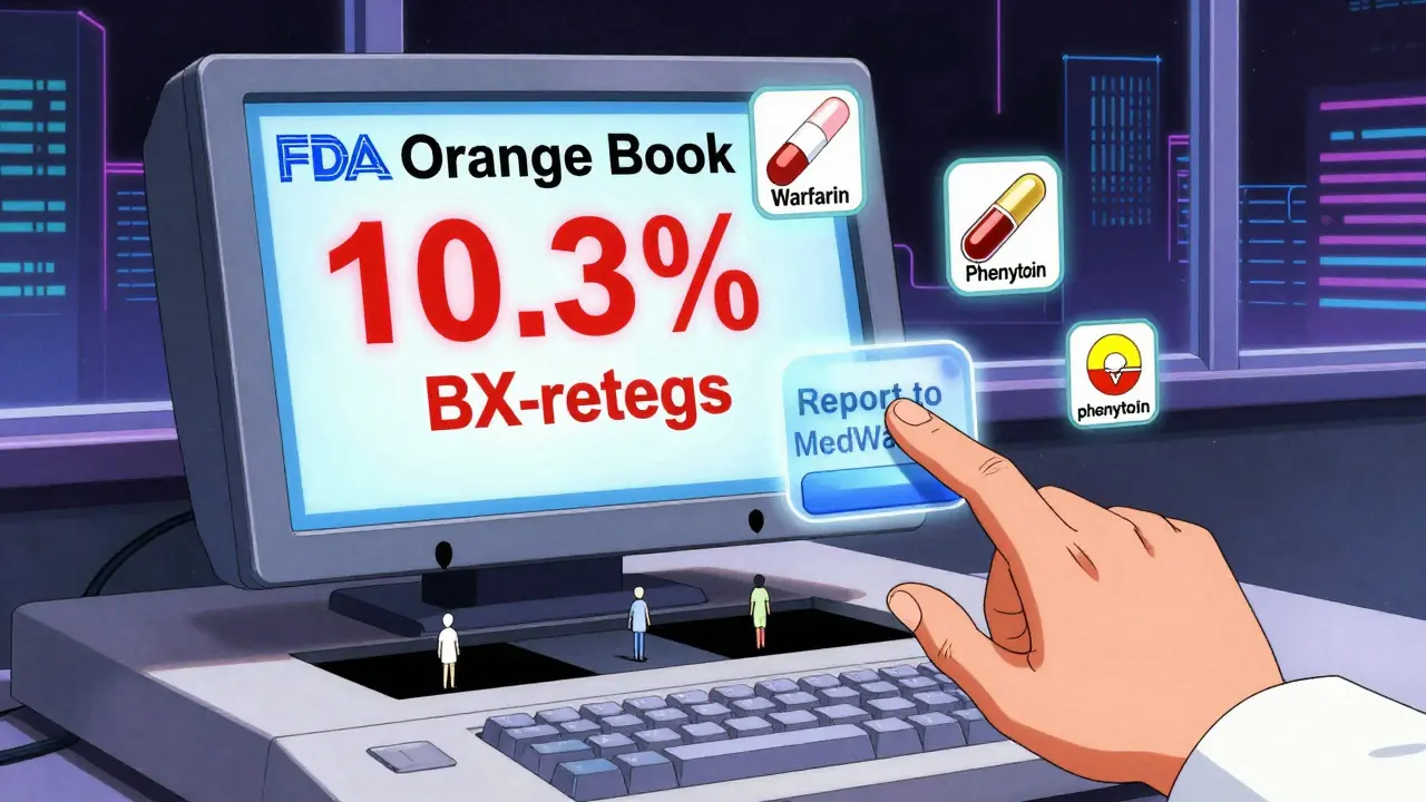 薬剤師がFDAオレンジブックのBX薬を確認し、患者の危険を報告する瞬間を描いたアニメ風イラスト。