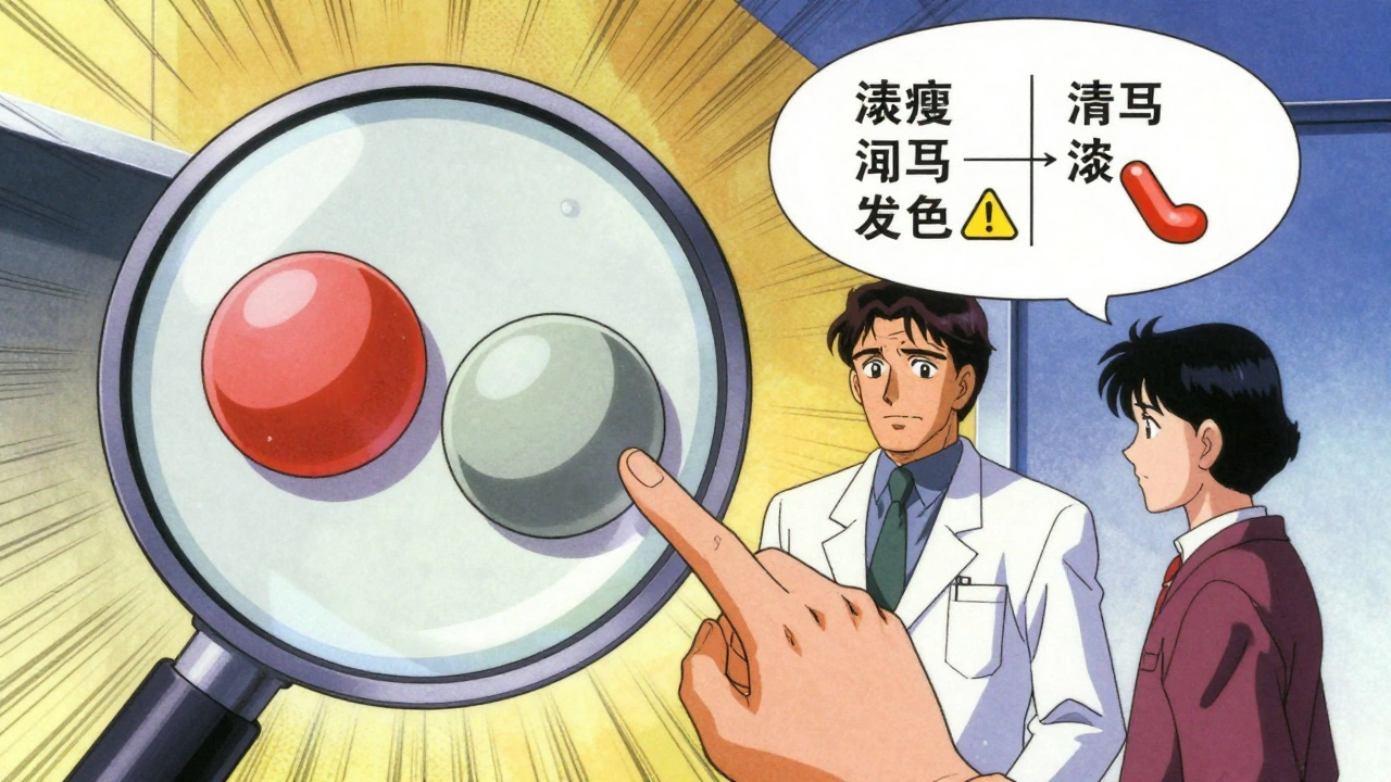 薬剤師がジェネリックとブランド薬の内部成分の違いを説明し、患者は症状のグラフを見つめている。