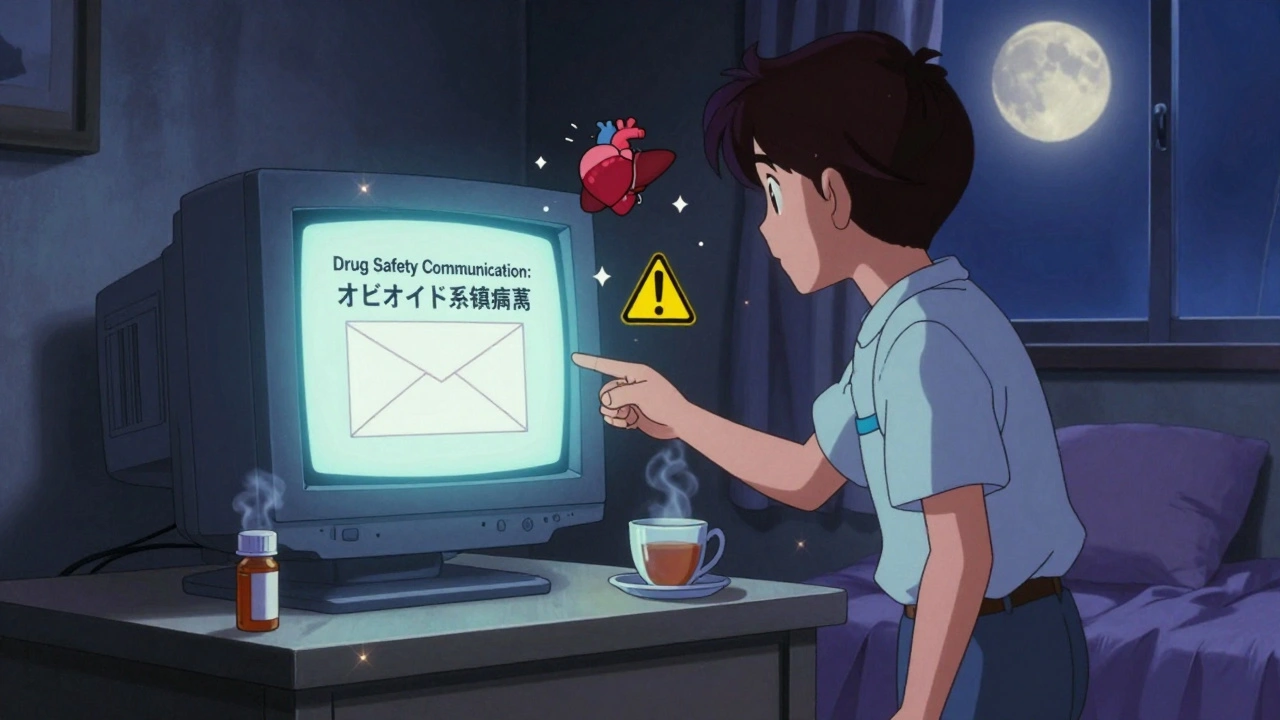 夜の部屋でFDAの安全通知メールを受け取る患者