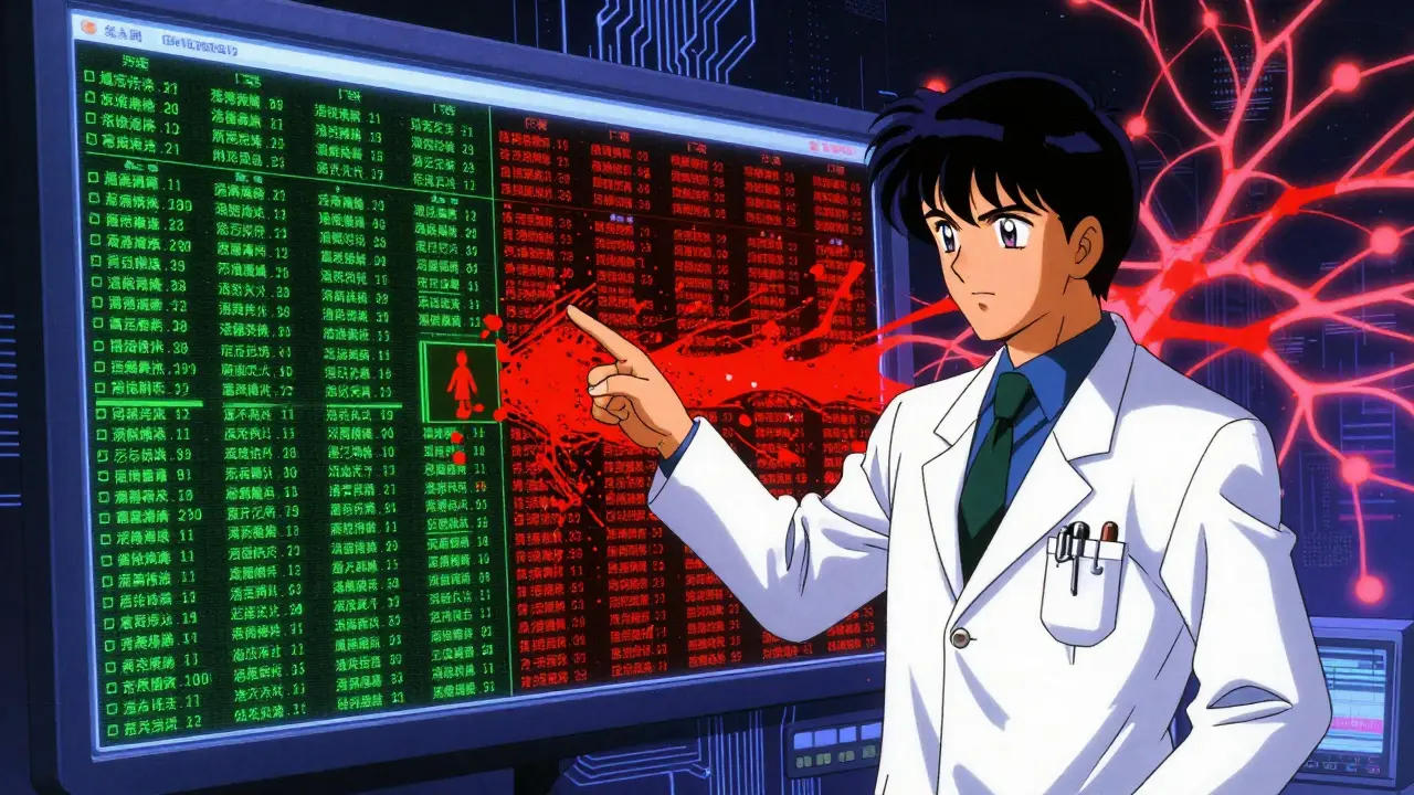 医師が大量の患者データを監視し、予測可能と予測不可能な副作用を分ける画面。