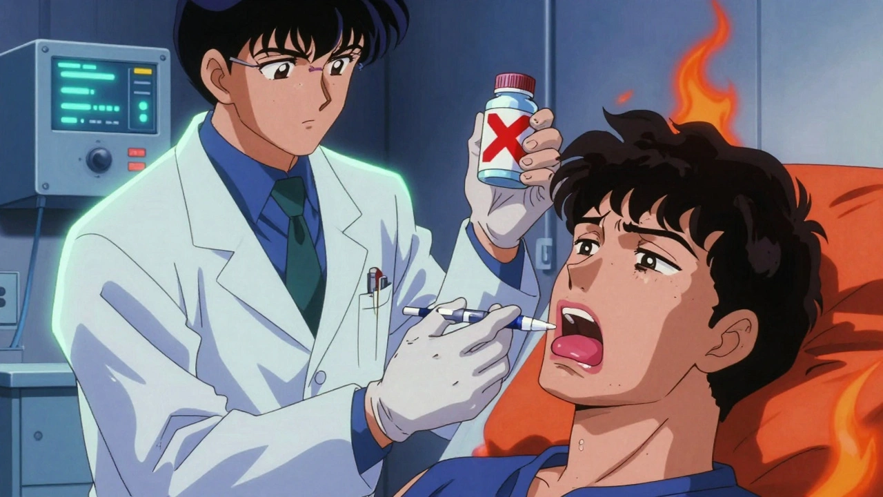 医師が腫れた唇の男性にエピネフリンを注射する緊急医療シーン。