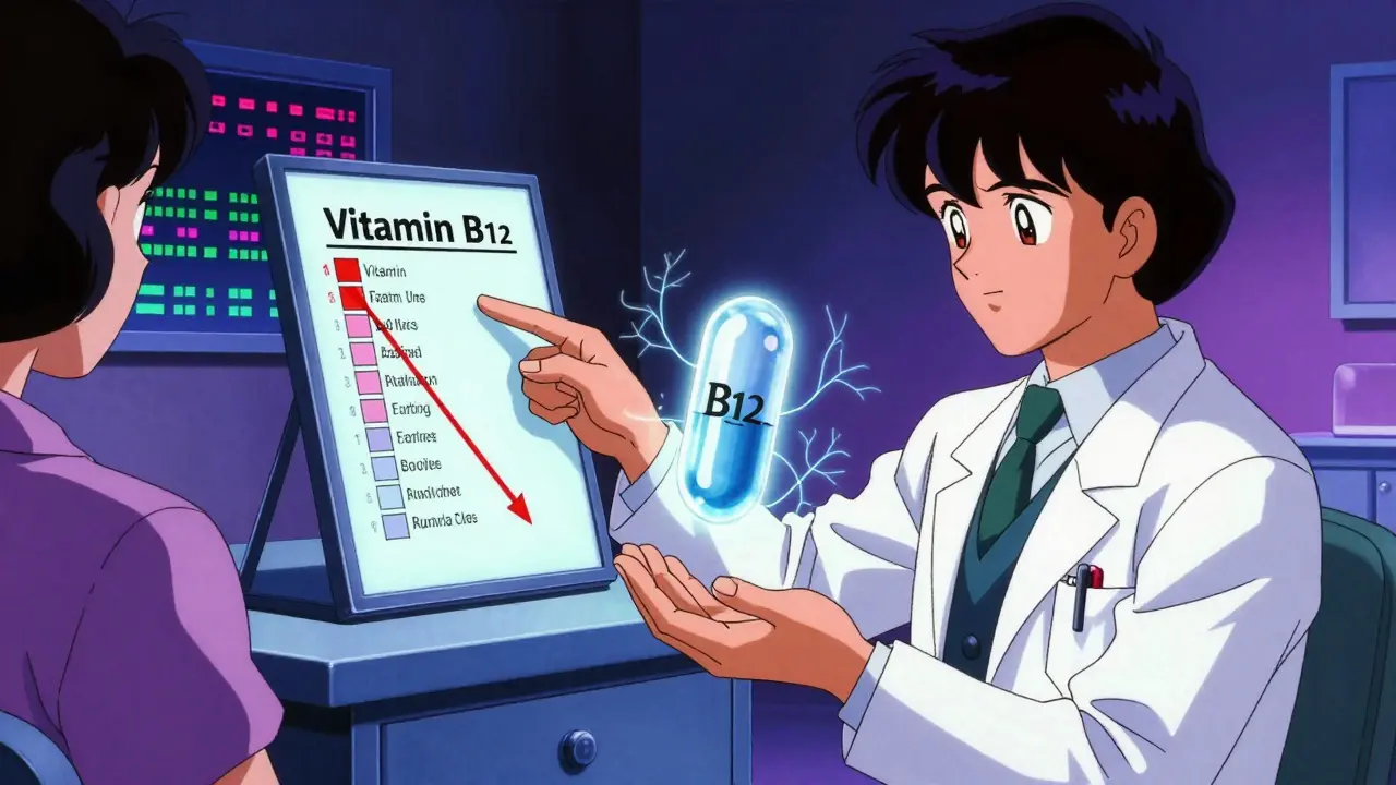 医師がB12値の検査結果を指差し、透明なB12サプリが浮かぶ、神経のしびれを表現した80年代アニメ風診察室。