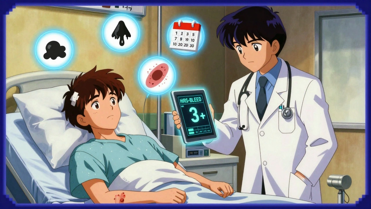 医師がHAS-BLEDスコアを確認し、患者は鼻血とあざの兆候で不安そう