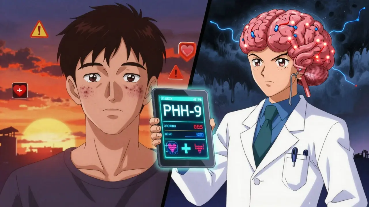 医師がうつスクリーニング画面を示し、脳の神経伝達物質が不安定に点滅している。