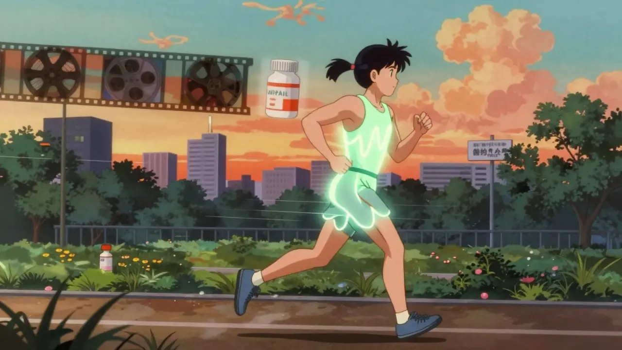 長期間メトホルミンを服用する患者が夕暮れの公園でジョギングし、血糖値の安定と体重減少を象徴する光の波が漂うアニメ風シーン。